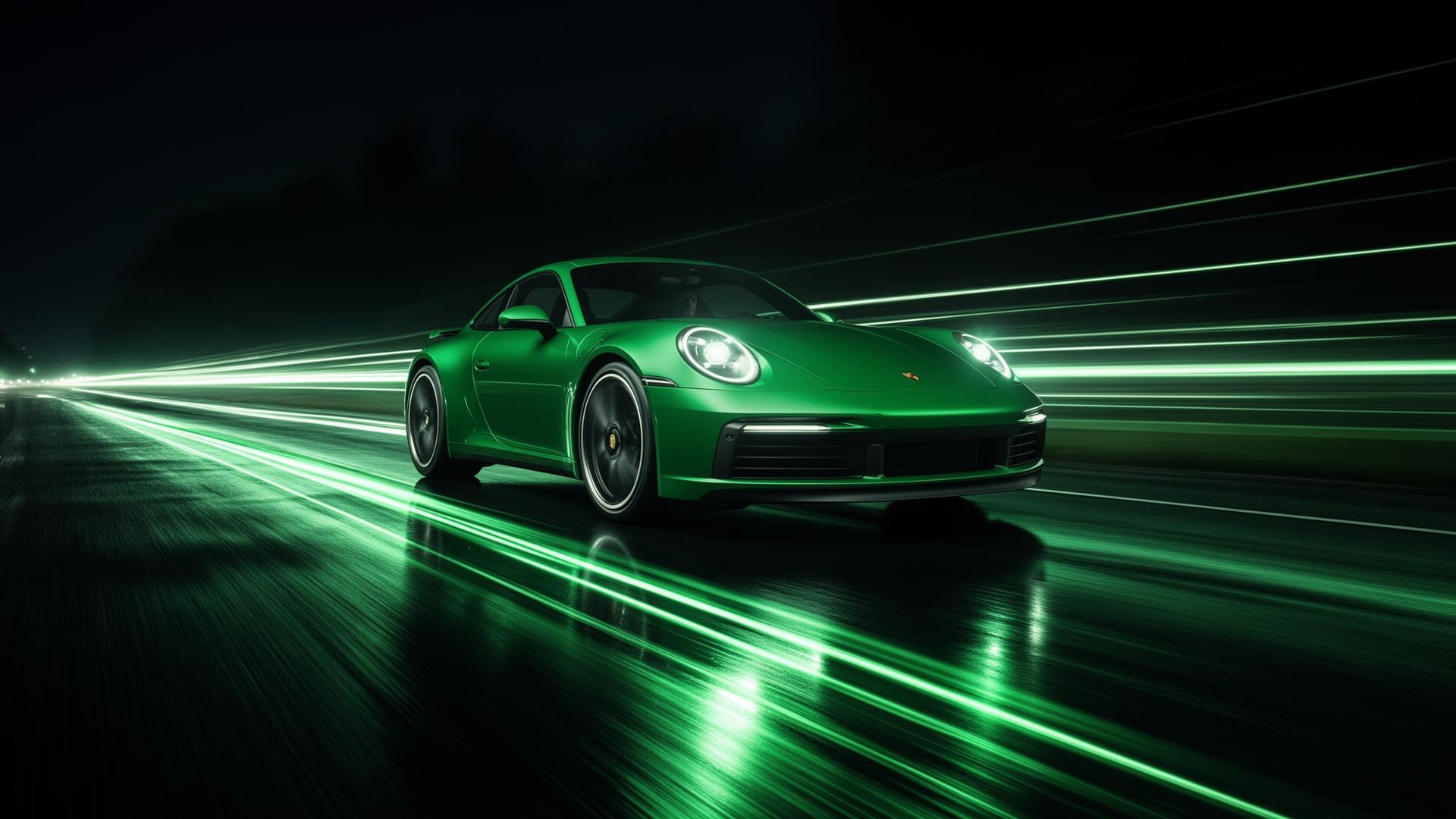 Porsche verde em alta velocidade representando processamento ultrarrápido